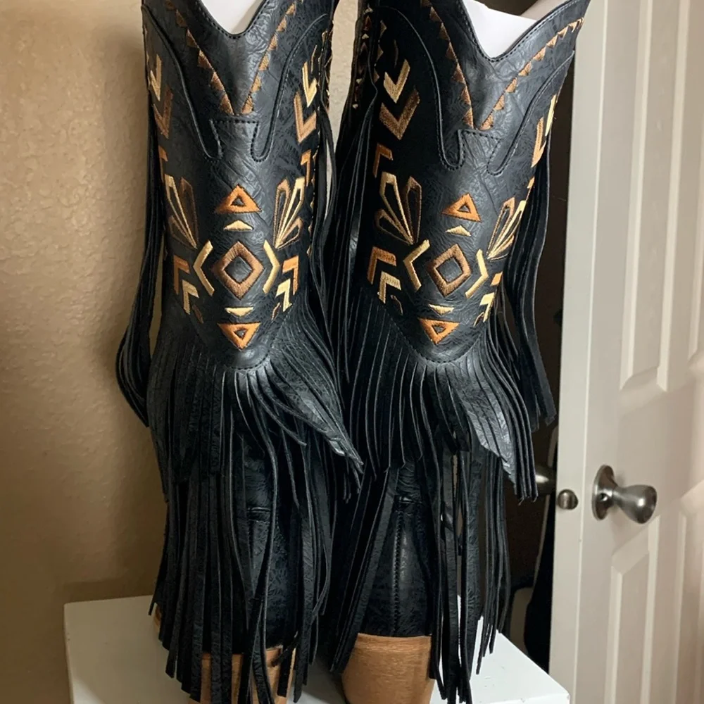 Western fringe embroidered black cowgirl boots NEW in box - Picture 6 of 7